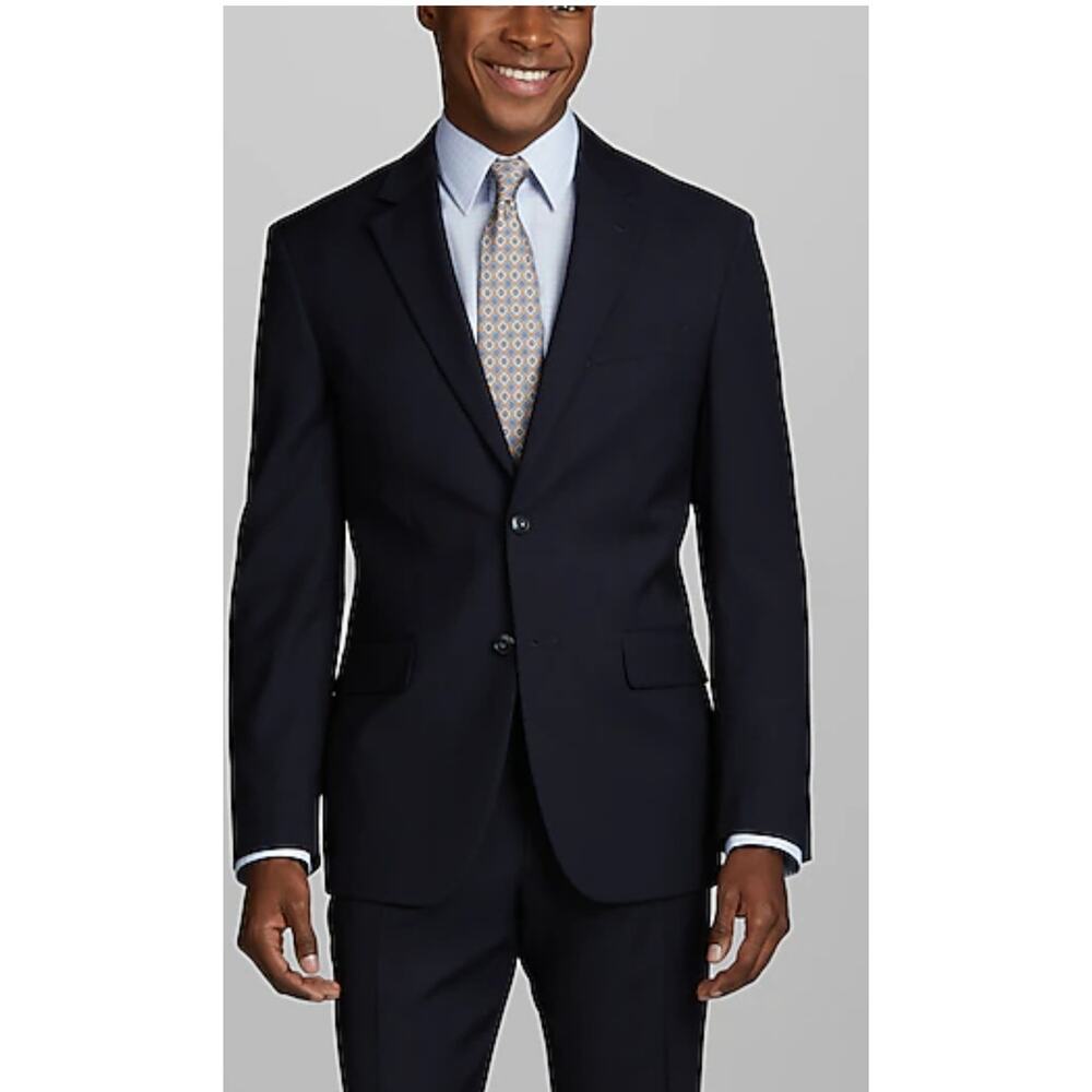 Jos A Banks men's suit Black Jacket 44 Reg, Pleated Pants